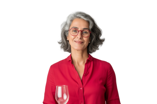 Skeptical middle-aged Chilean female wine critic holding glass isolated on transparent white background