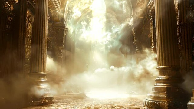 Celestial Sanctuary with tall golden pillars environment with clouds and fog effects 4K