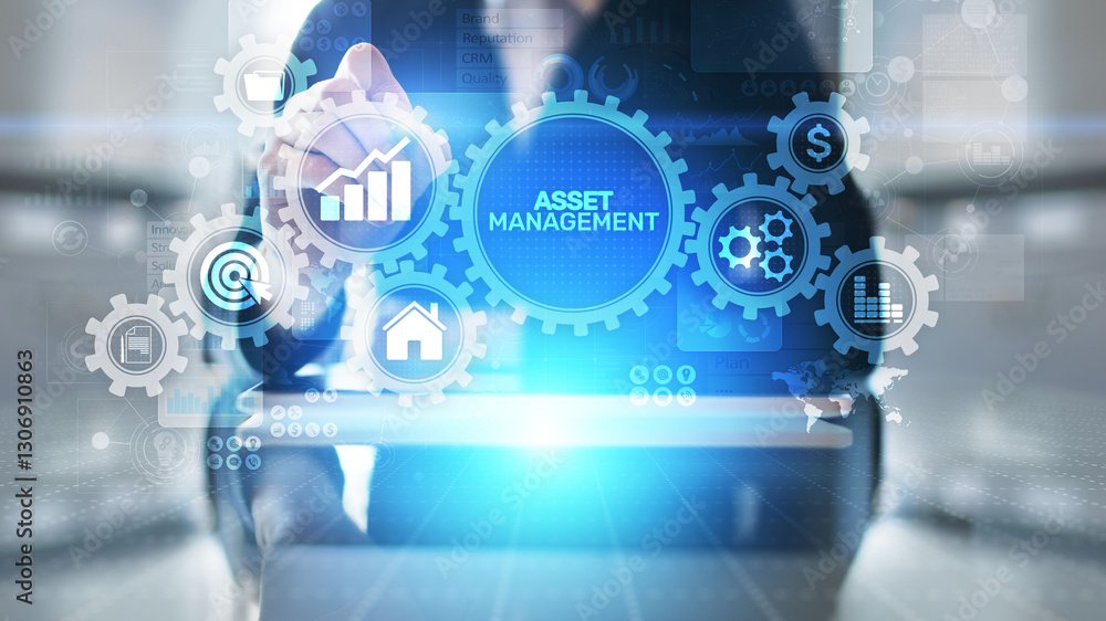 Poster asset management business technology internet concept button on virtual screen.