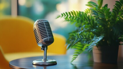 A classic vintage microphone on a table, surrounded by green plants and a yellow chair in the background, creating a fresh and modern podcast studio ambiance.  
