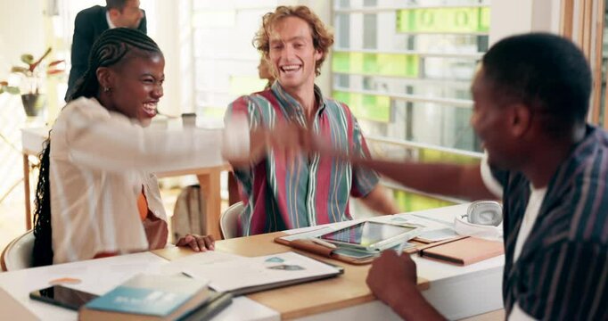 Excited, business people and meeting with tablet or hands together for teamwork or motivation at office. Happy group, creative employees or piling with stack or clapping for collaboration or unity