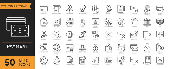 Payment icon set. containing money, wallet, refund, transaction, receipt, secured payment, purchase, paid, cashier, cash, e-commerce, exchange, credit card and more. Vector illustration