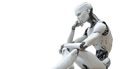 Thinking humanoid side view with white space, 3D render, isolated background.