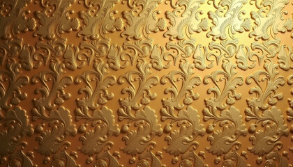 Luxurious golden damask texture, raised baroque details, soft reflections, copy space