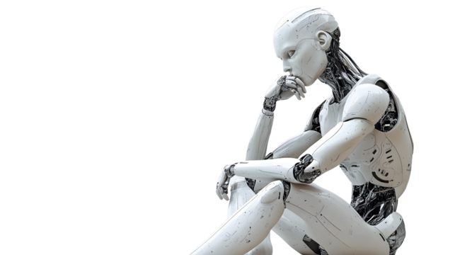 Thinking humanoid side view with white space, 3D render, isolated background.