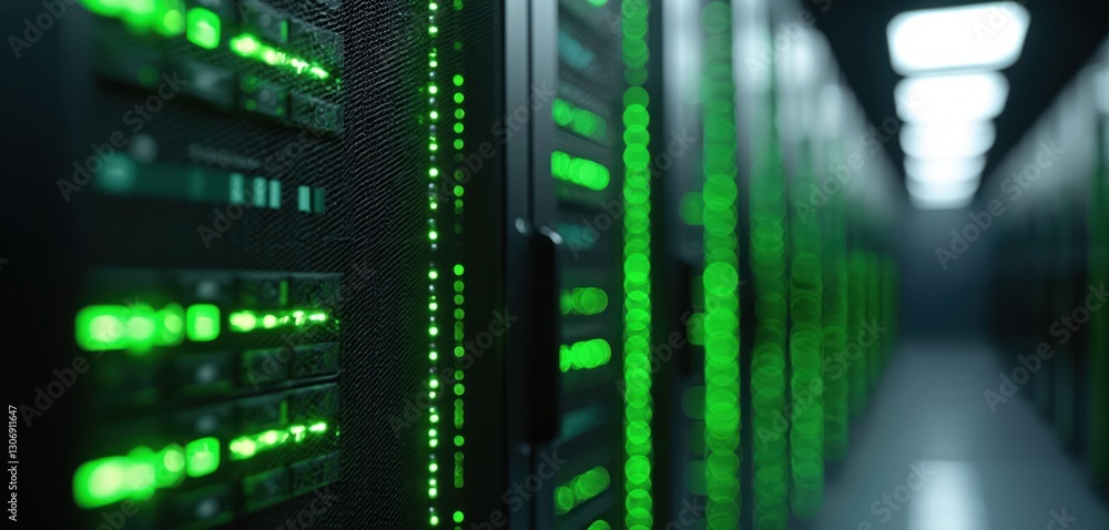 Poster close-up view of working computer servers in data center with multiple rows of fully operational ser