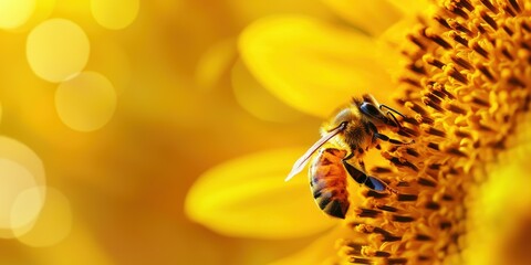 3d background minimalistic mockup with space for text, close-up macro of a bee collecting pollen from a vibrant yellow sunflower