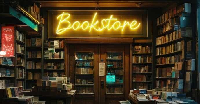 Naklejki Neon sign bookstore bright yellow soft teal glowing wooden door casting reflections shelves filled old new books