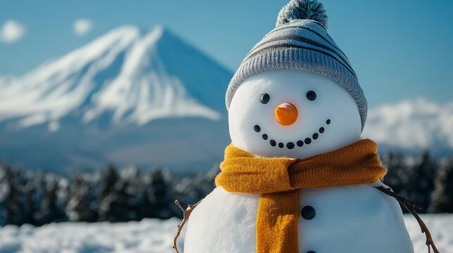 A close-up of a snowman with a carrot nose, scarf, and hat, cheerful and wintery, ultra-detailed, 8k - Powered by Adobe