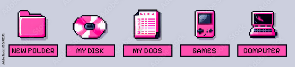 Poster retro-style pixel art illustration featuring icons of a folder, disk, document, handheld game, and c
