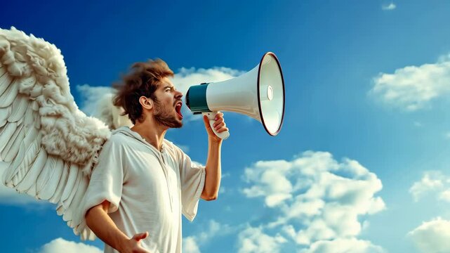 An angel with a megaphone in his hand warning people of what will happen 4K