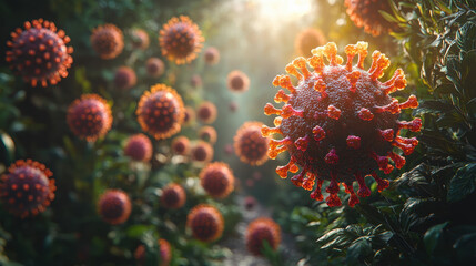 Macro depiction of influenza virions penetrating human cells and releasing genetic material during viral replication