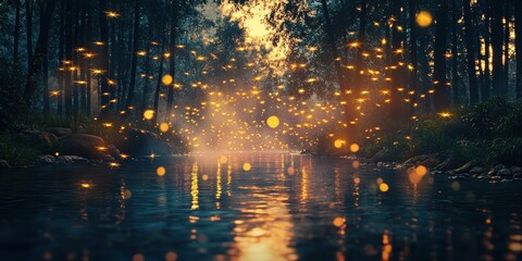 3d background minimalistic mockup with space for text, surreal glowing fireflies hovering above a calm forest river at dusk
