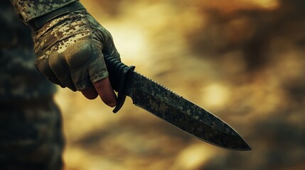 A close-up of a soldierâ€™s hand gripping a combat knife, strong and ready, ultra-detailed, 8k