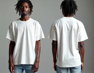 Man wears oversize white t-shirt front, back. Model presents casual clothing. Apparel design, blank cotton, textile, fabric, simple style outfit, minimalist, soft, unisex, relaxed, clean, trendy wear.