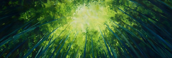 a serene bamboo forest with tall, green stalks creating a natural tunnel.