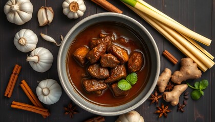 Delicious Indonesian Padang beef rendang in a gray bowl, surrounded by spices such as garlic, cinnamon and star anise. A fragrant and flavorful dish, viewed from top to bottom.
