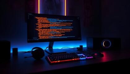 Neon computer setup with code on the monitor, illuminated PC case, keyboard, and headphones. Modern and tech-focused.