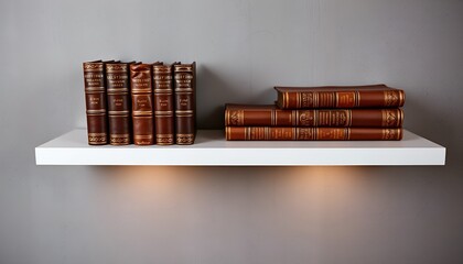 Antique books with leather spines arranged on a white floating shelf. Grey wall background and subtle lighting. Detailed and vintage