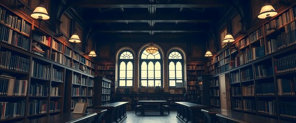 Old library with rows of books, a large world map, and sunlight casting shadows. Academic and intellectual setting