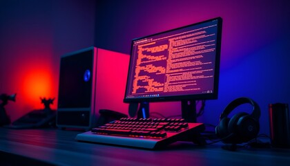 Simple yet striking image of a neon-lit computer setup. Minimalist composition with a modern tech vibe.