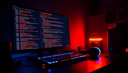 Neon-lit computer setup with code on the monitor, illuminated PC case, keyboard, and headphones. Modern and tech-focused.