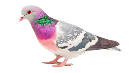 Fototapeta premium Colorful pigeon standing gracefully, vibrant pink and green plumage, natural setting, wildlife observation highlight. Isolated on white background or PNG