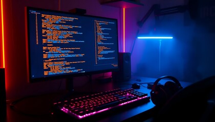 Neon-lit computer setup with code on screen. Gaming or programming theme, perfect for tech or modern interiors.
