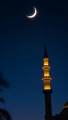 Nighttime scene with a lit minaret and crescent moon. Dark silhouette of palm leaves in the foreground. Peaceful and serene.