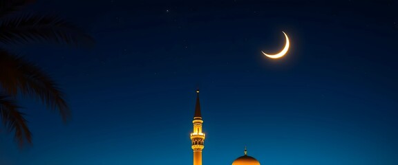 Crescent moon over a mosque minaret at night. Symbol of Ramadan and Islamic faith. Dark blue sky with subtle stars.