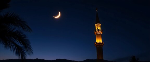 Crescent moon over a mosque minaret at night. Symbol of Ramadan and Islamic faith. Dark blue sky with subtle stars.