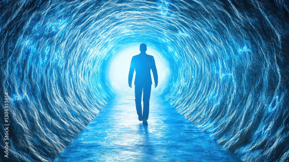 Poster walking through a tunnel of endless thoughts in a dreamlike realm with ultra-sharp textures and high