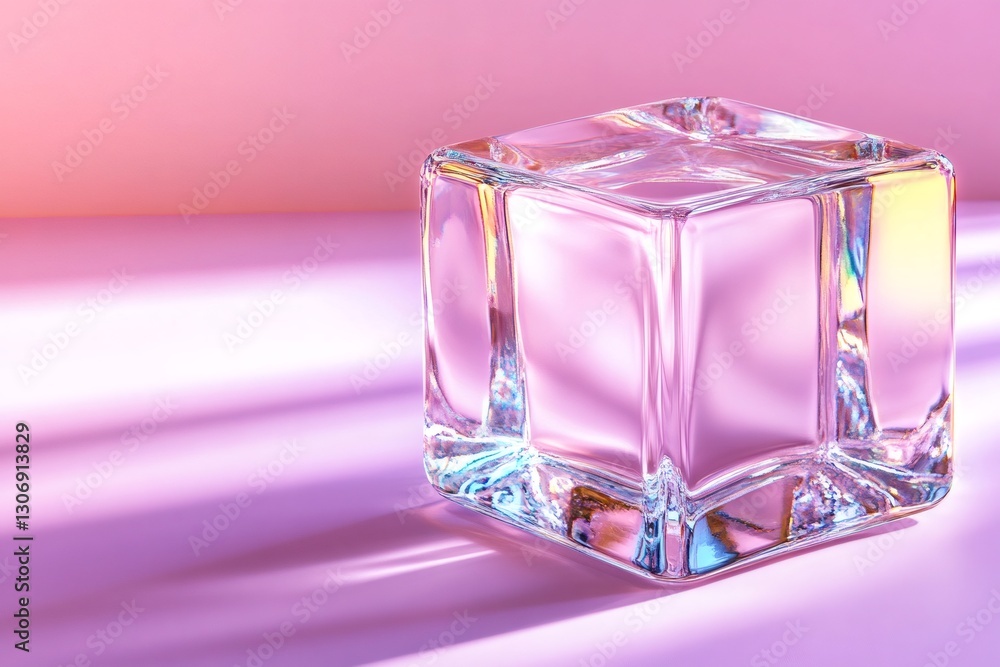 Poster transparent glass cube shining on pink background with light reflections