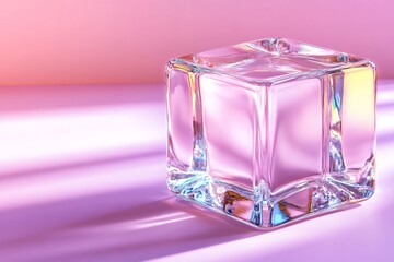 Transparent glass cube shining on pink background with light reflections