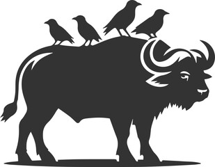 Buffalo standing with birds perched on its back animal vector silhouette