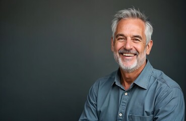 Fototapeta premium Senior man smiles confidently. Elder hispanic male has grey hair, beard, wears casual attire. Happy face portrait stands studio background. Lifestyle person shows emotion, teeth. Isolated side view.