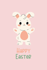 Vector Happy Easter card. Cute white Bunny with text Happy Easter on a pink background. 