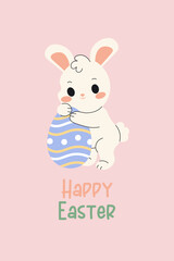 Vector Happy Easter card. Cute white happy Bunny with blue egg on a pink background. 