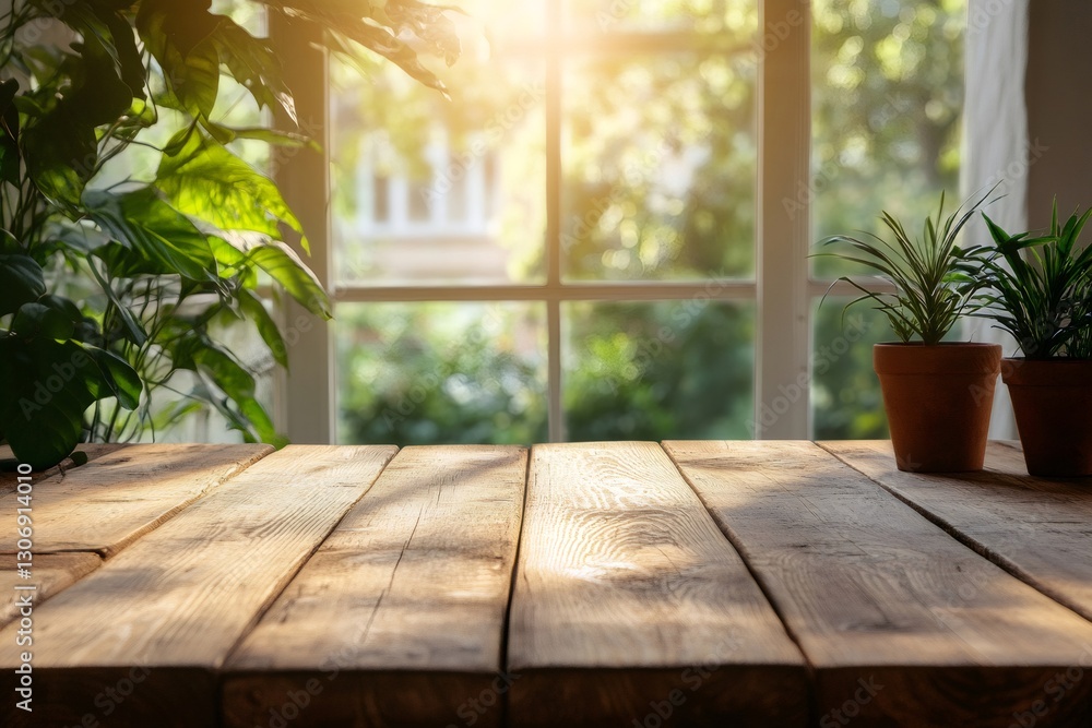 Poster empty wooden table illuminating by sunlight coming from window with plants