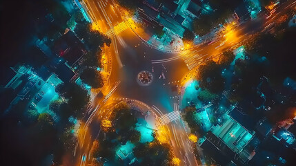 Night traffic roundabout aerial view, city lights blur, urban transport, background buildings
