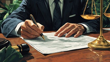 Lawyer Signing Legal Documents at Desk, A lawyer in a suit signing legal documents at a desk with a gavel and scales of justice