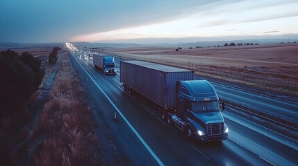 Semi-trucks highway transport dusk rural landscape logistics