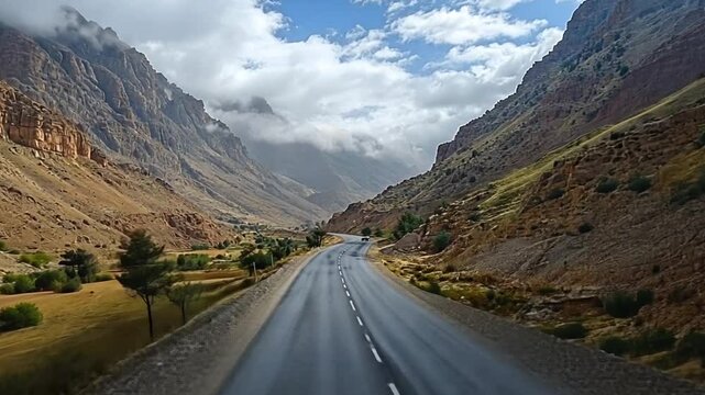 A scenic road trip through the atlas mountains morocco a winding asphalt route cutting through rugged terrain with majestic peaks and captivating landscapes