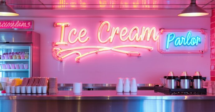 Neon sign ice cream parlor bright pastel pink blue glowing 1950s themed shop casting reflections stainless steel counters