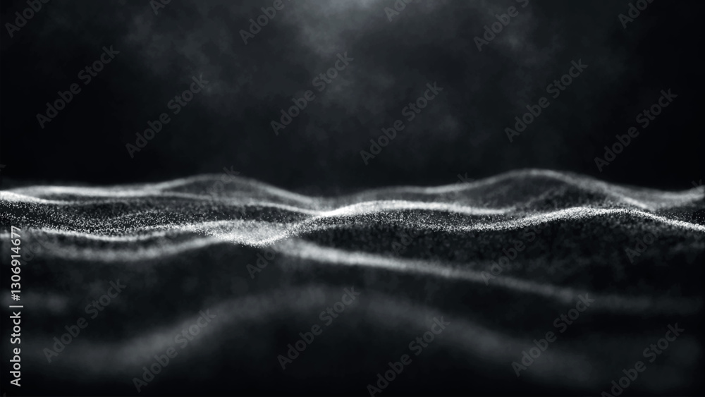 Poster futuristic black and white dot wave. abstract digital particle wave. technological background. dark 