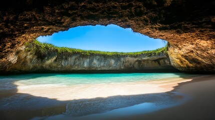 a tropical paradise with a hidden cove, where crystal-clear water meets white sand.