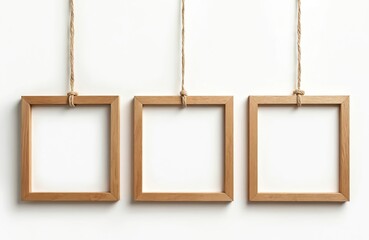 Three empty wooden frames hang on rope against white wall. Blank picture frames templates for gallery, collage. Simple interior decor. Family memories display. Modern trendy design. Natural texture.