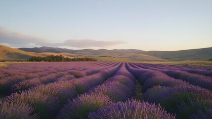 Obraz premium a vast lavender field in full bloom at sunset, with rolling hills in the background.