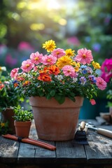 Colorful flowers blooming in terracotta pot on wooden table in garden