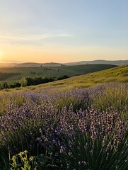 Obraz premium a vast lavender field in full bloom at sunset, with rolling hills in the background.